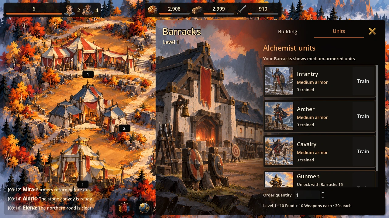 Barracks Units tab displaying class-specific Infantry, Archer and Cavalry recruitment
