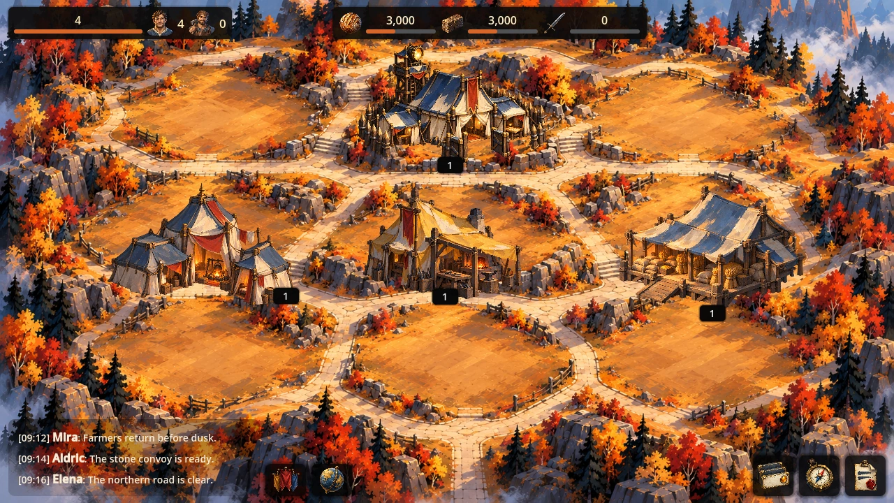 Actual desktop Alpha screenshot showing the starting city and its resource interface