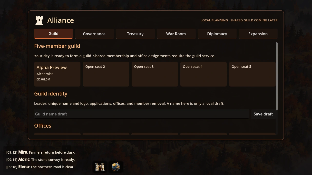 Actual Alpha guild hub with the signed-in city and open member seats