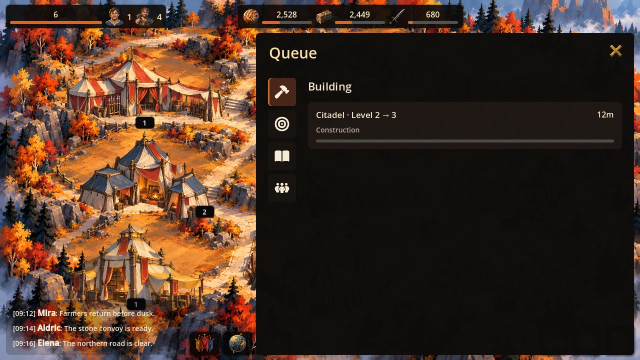 Alpha Queue panel showing scheduled city work and category controls